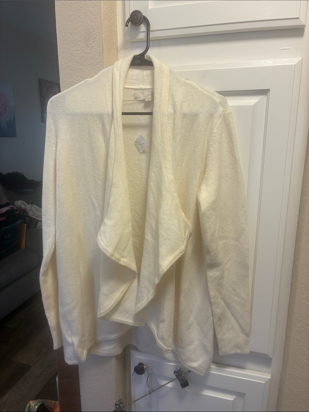 LOFT Cream Open Front Cardigan with draped waterfall neckline NWT